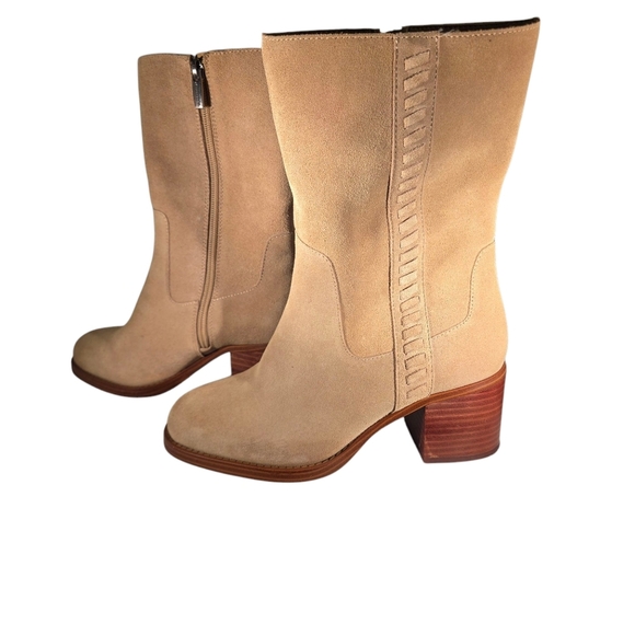 Vince Camuto Mid-Shaft Suede Chunky Heel Boots Women Size 7W Zelcinna Tortilla - Picture 2 of 16